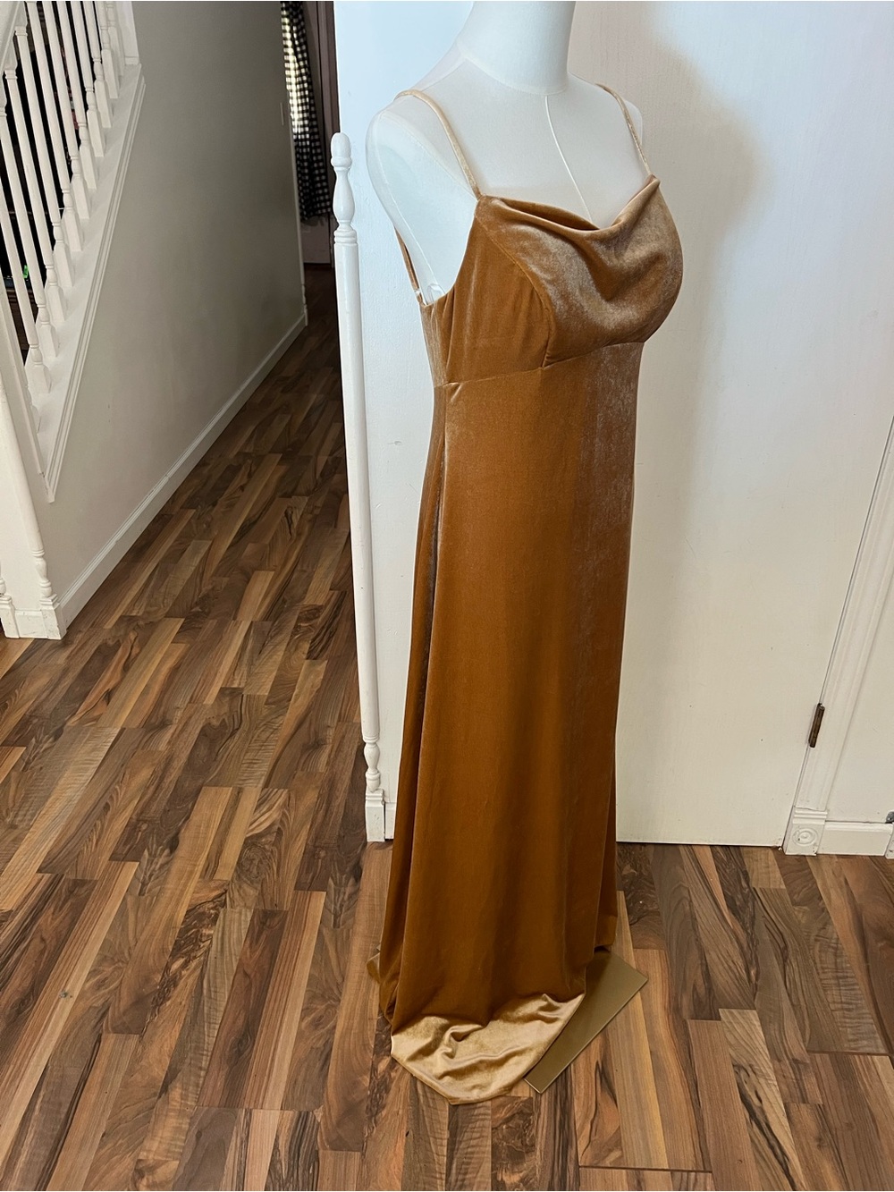 Velvet Drape Cowl Neck Slip Dress in Caramel / Gold, size 8, like new
